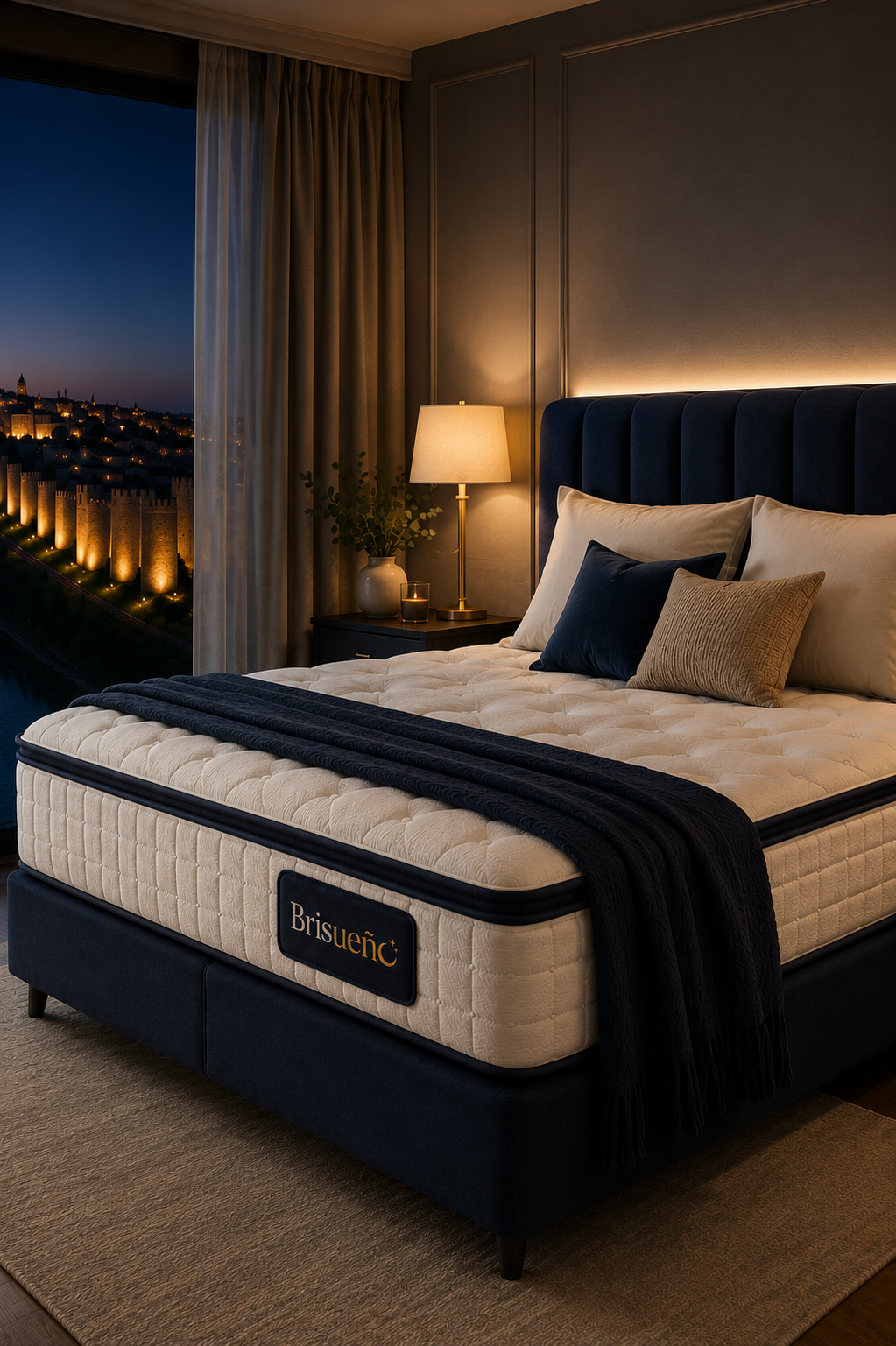 Dormitorio de noche con un colchón Brisueño y la muralla de Ávila iluminada al fondo
