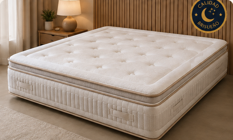 Colchón Brisueño Queen con topper capitoné color crema en un dormitorio cálido